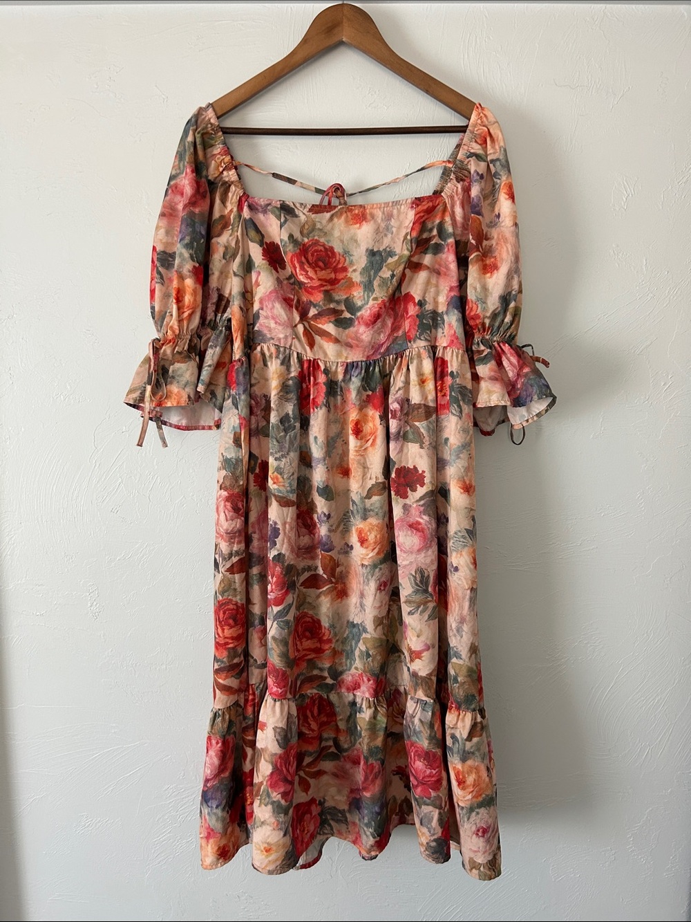 Peach and Pink Floral puff sleeve Midi Dress w Bows